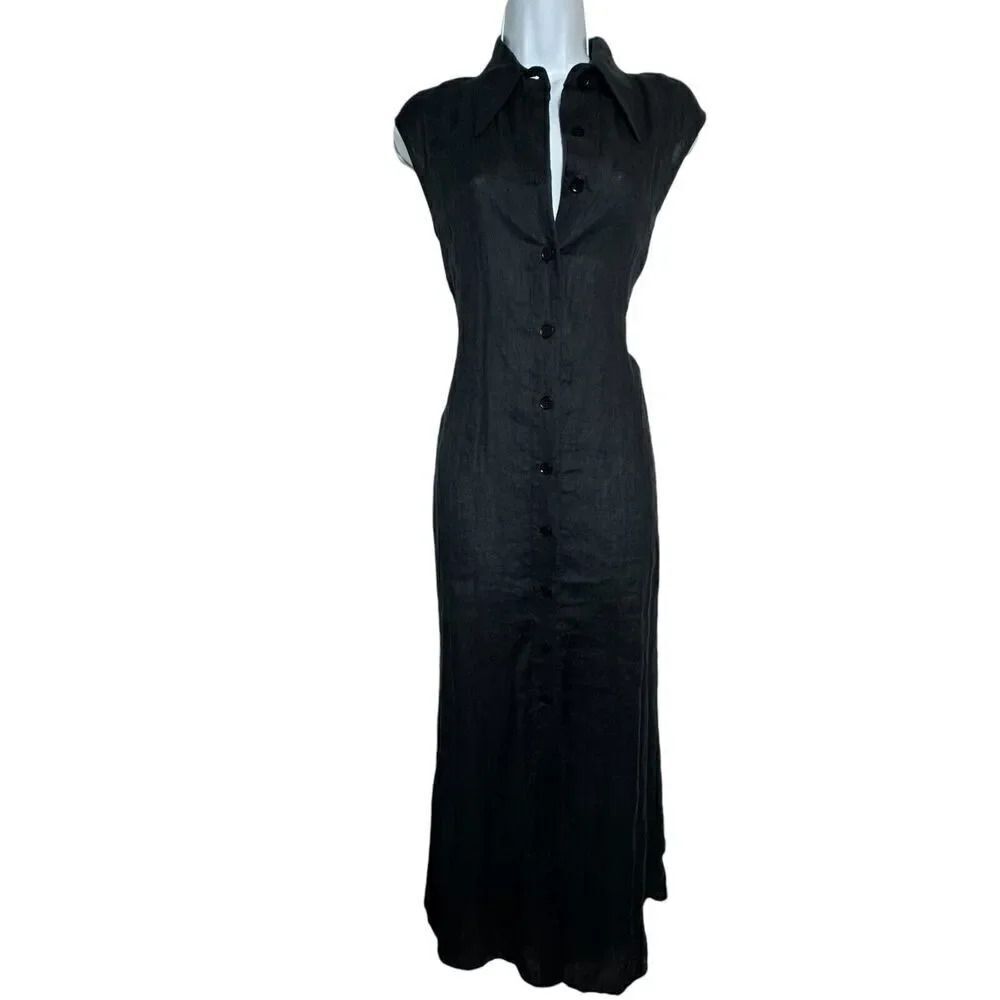 SCANLAN THEODORE black 100% linen maxi dress sleeveless shirt dress US size 2 - Picture 2 of 9
